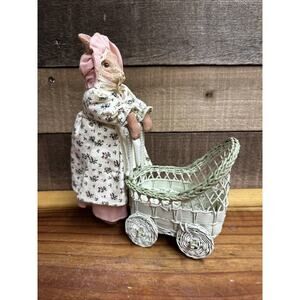 Vintage Bunny Rabbit Pushing Wicker Carriage Ceramic Head Feet And Hands